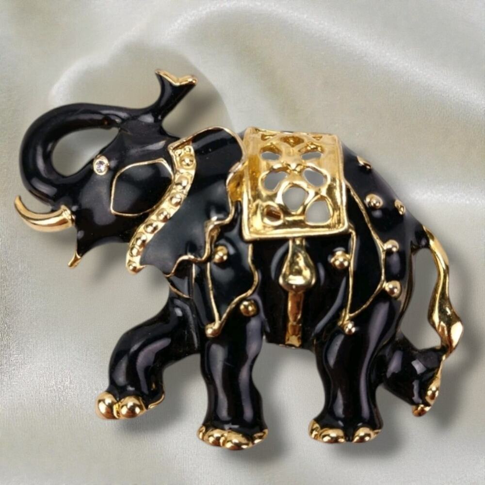 Vintage Trunk Up Elephant Brooch Black Enamel Gold Tone Lucky Statement